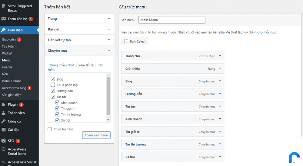 Tạo menu cho website WordPress