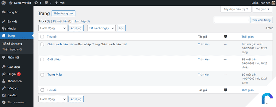 Tạo trang trong wordpress