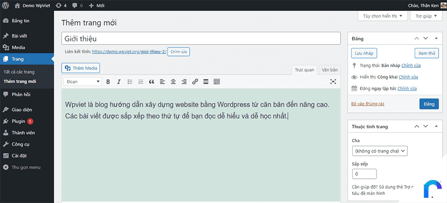 Tạo trang trong wordpress