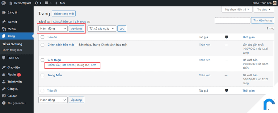 Tạo trang trong wordpress