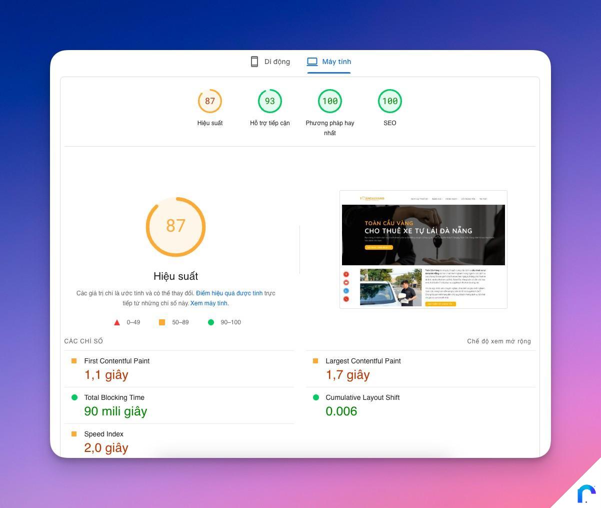 Desktop Trước Tối ưu Tăng tốc Website ThueXeTaiDaNang-com