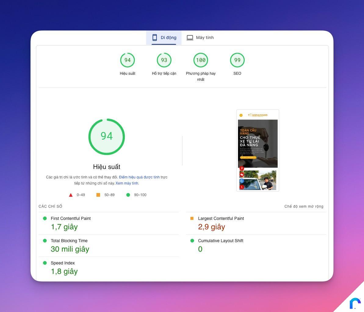 Mobile Sau Tối ưu Tăng tốc Website ThueXeTaiDaNang-com