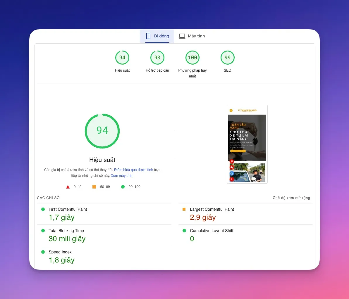 Mobile Sau Tối ưu Tăng tốc Website ThueXeTaiDaNang-com