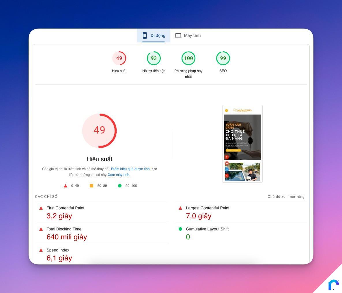 Mobile Trước Tối ưu Tăng tốc Website ThueXeTaiDaNang-com